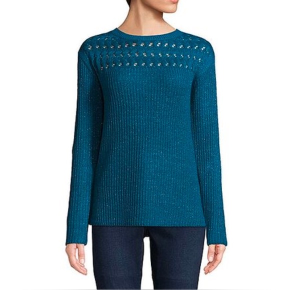 St. John's Bay Sweaters - WOMEN'S ST. JOHNS BAY  TEAL SWEATER WITH GLITTER THREAD SZ MEDIUM STRETCH KNIT